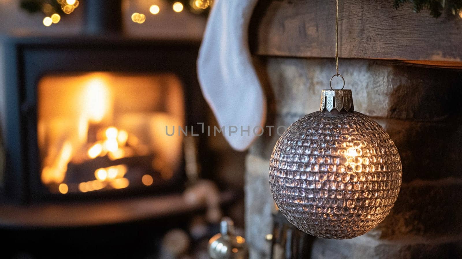 Christmas, holiday decor and country cottage style, cosy atmosphere, decorated Christmas tree in the English countryside house living room with fireplace, interior decoration idea