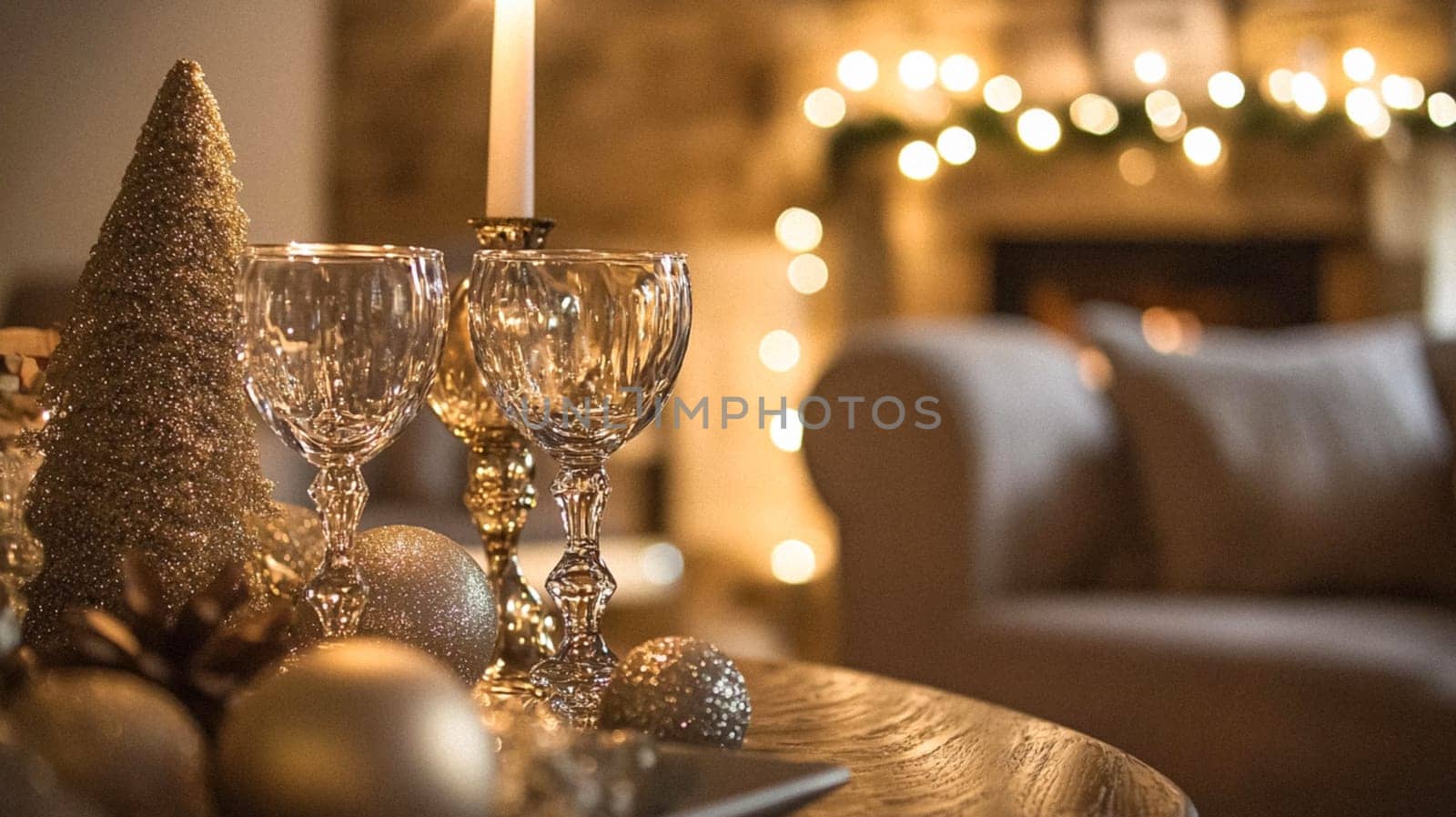 Christmas, holiday decor and country cottage style, cosy atmosphere, decorated Christmas tree in the English countryside house living room with fireplace, interior decoration idea