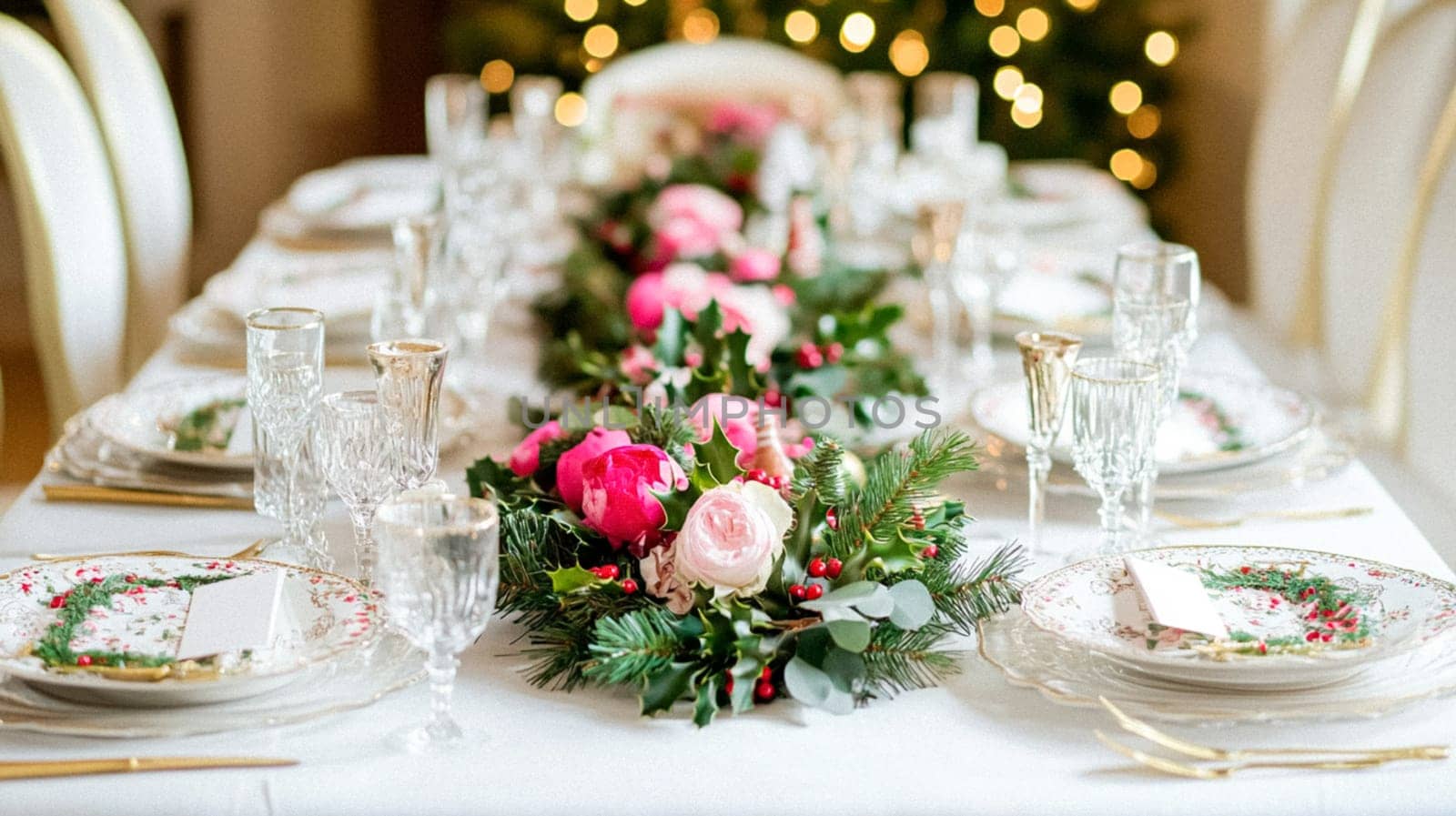 Christmas, holiday decor and country cottage style, cosy atmosphere, decorated Christmas tree in the English countryside house living room with fireplace, interior decoration idea