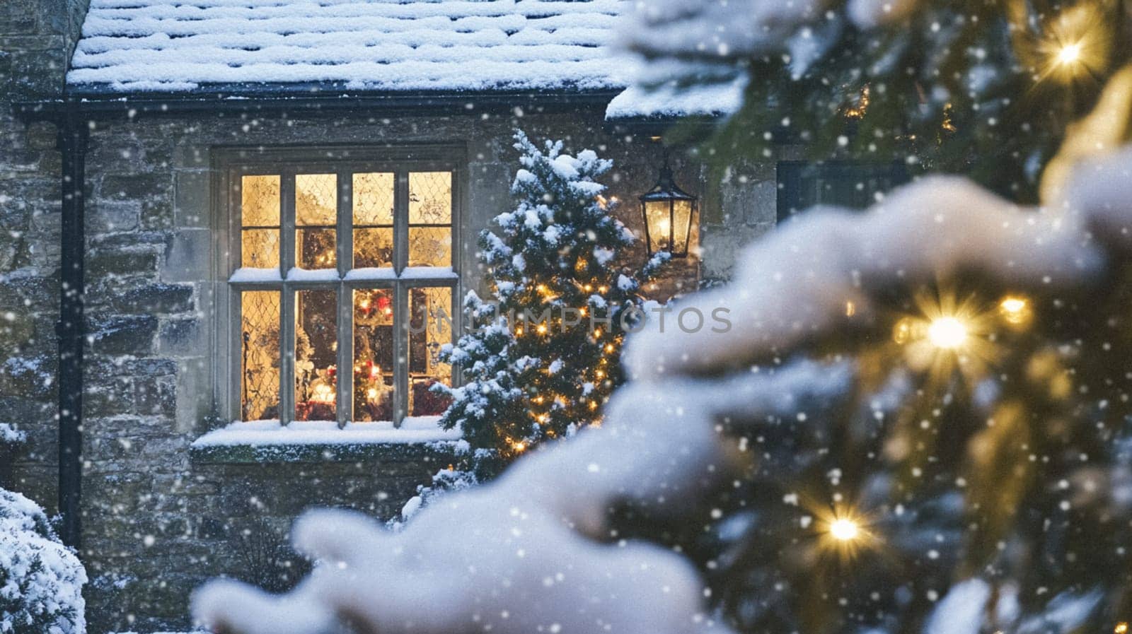 Christmas in the countryside, cottage decorated for holidays on a snowy winter evening with snow and holiday lights, English country styling inspiration