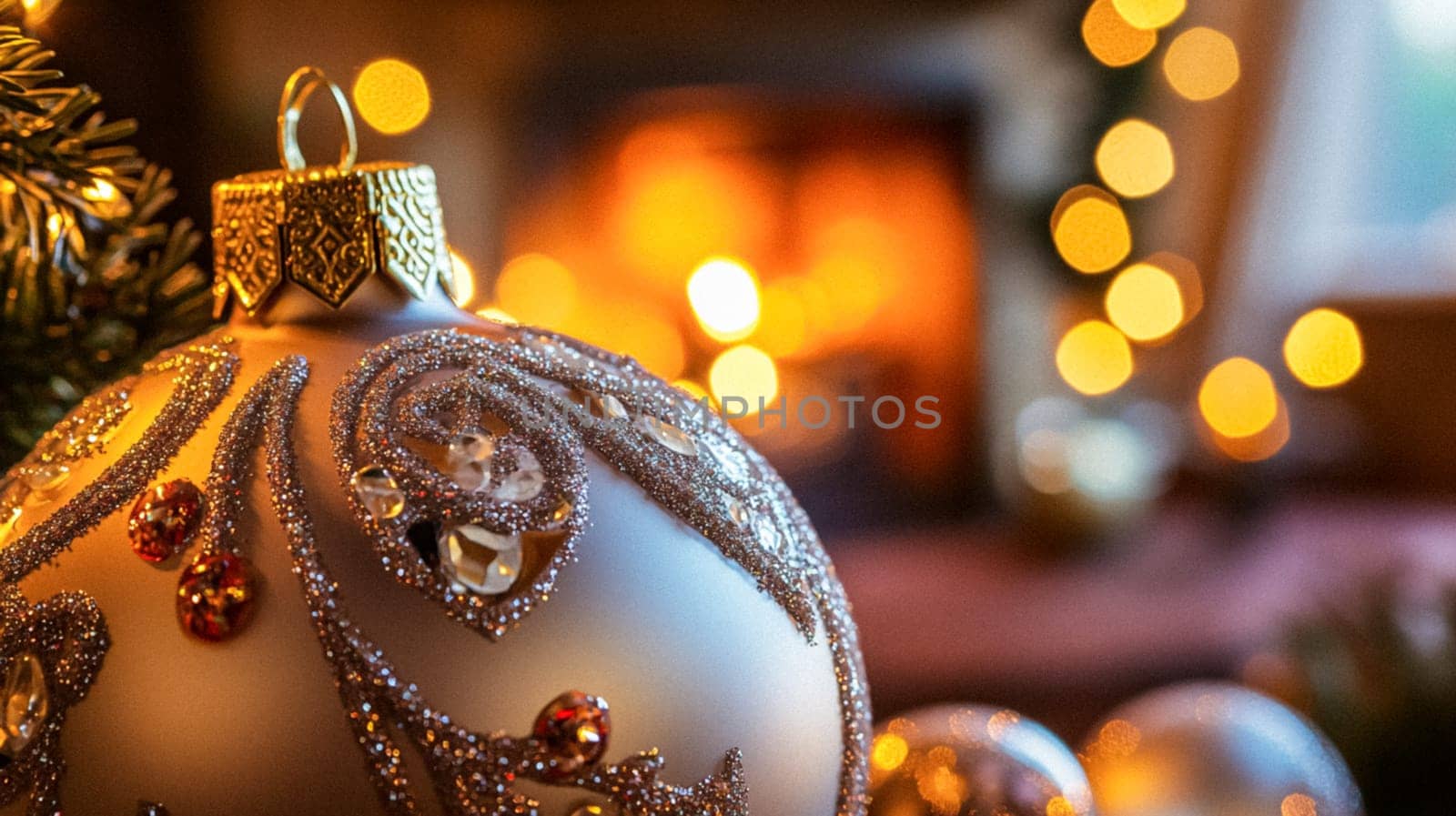 Christmas, holiday decor and country cottage style, cosy atmosphere, decorated Christmas tree in the English countryside house living room with fireplace, interior decoration idea