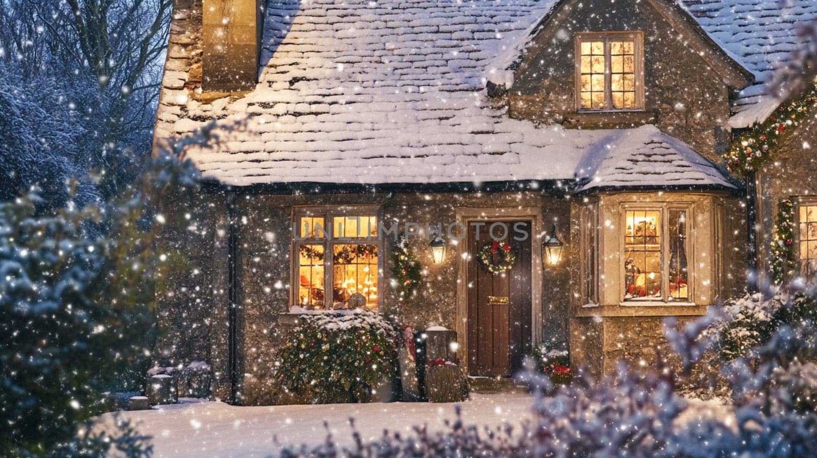 Christmas in the countryside, cottage decorated for holidays on a snowy winter evening with snow and holiday lights, English country styling inspiration