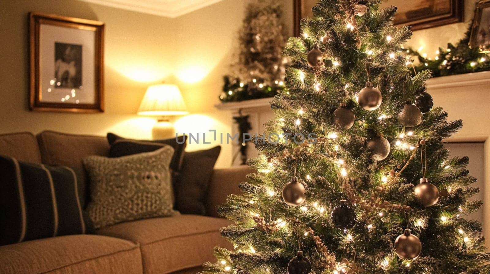 Christmas, holiday decor and country cottage style, cosy atmosphere, decorated Christmas tree in the English countryside house living room with fireplace, interior decoration idea