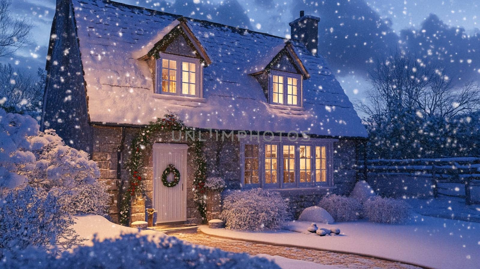 Christmas in the countryside, cottage decorated for holidays on a snowy winter evening with snow and holiday lights, English country styling inspiration
