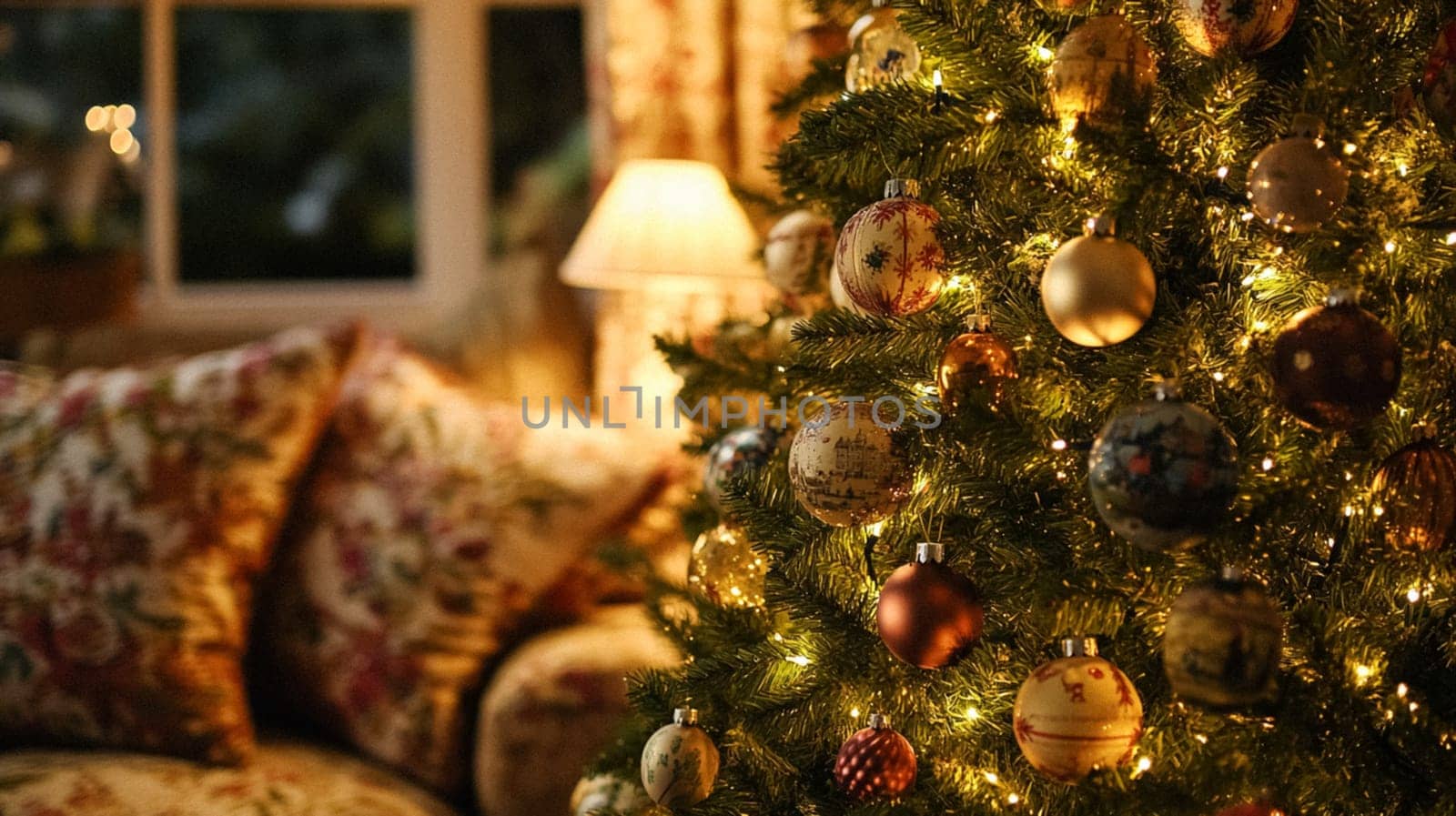 Christmas, holiday decor and country cottage style, cosy atmosphere, decorated Christmas tree in the English countryside house living room with fireplace, interior decoration idea