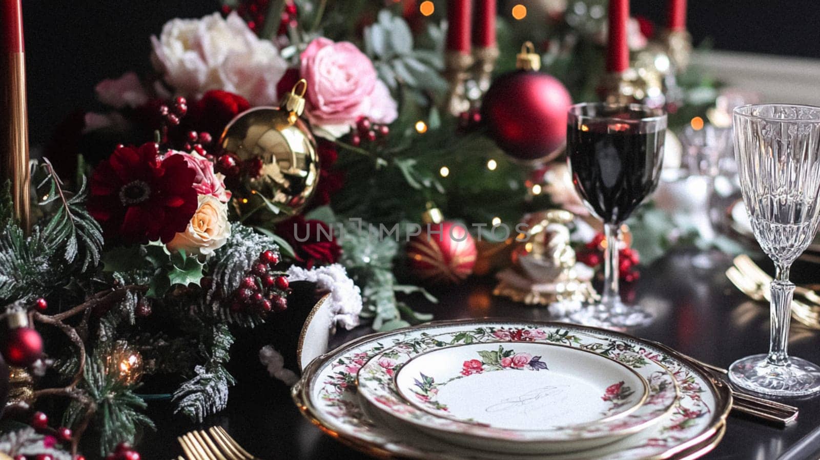 Christmas tablescape decoration, formal family dinner holiday celebration, luxury table setting decor, English country and home style idea