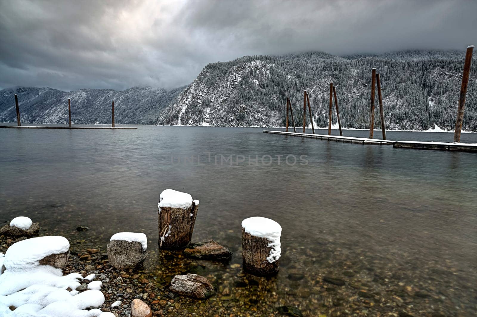 Landscape image of Pend Oreille Lake in winter taken from Farragut State Park in Idaho.