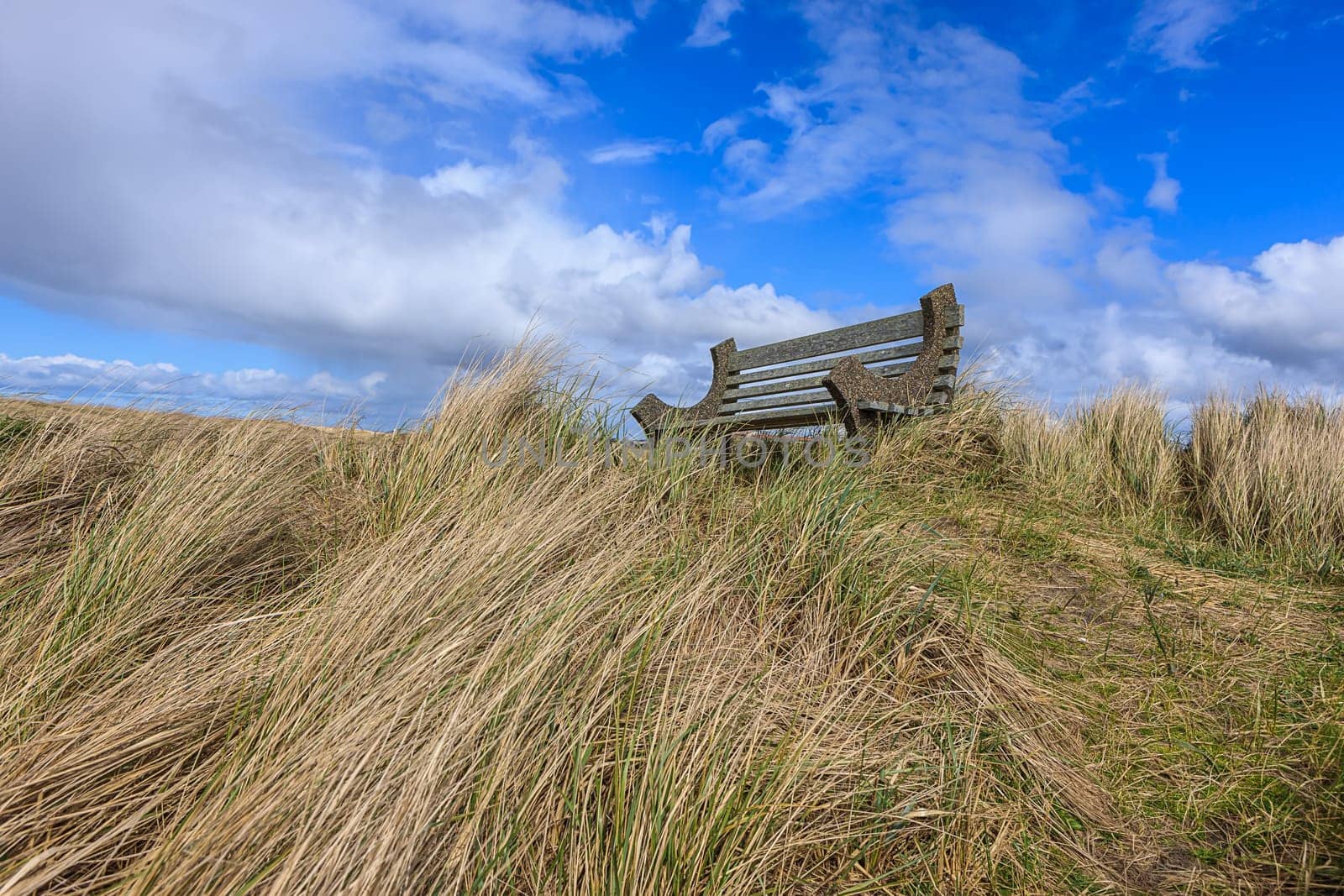 A park bench under a partly cloudy sky on Del Ray beach in Seaside, Oregon.