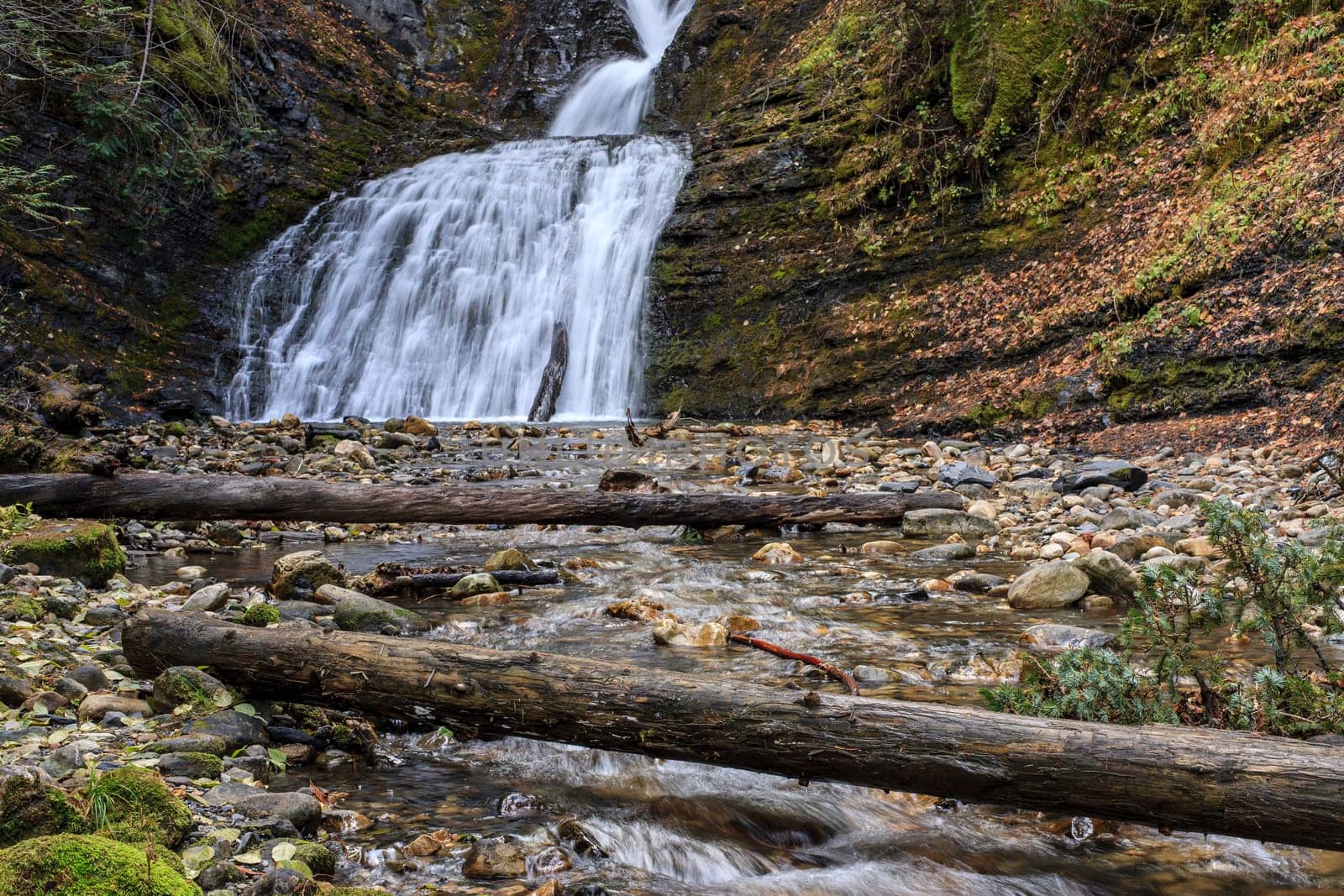 Logs lay across the stream at upper Sweetcreek Falls near Metaline, Washington.