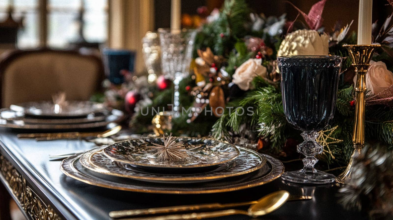 Christmas tablescape decoration, formal family dinner holiday celebration, luxury table setting decor, English country and home style idea