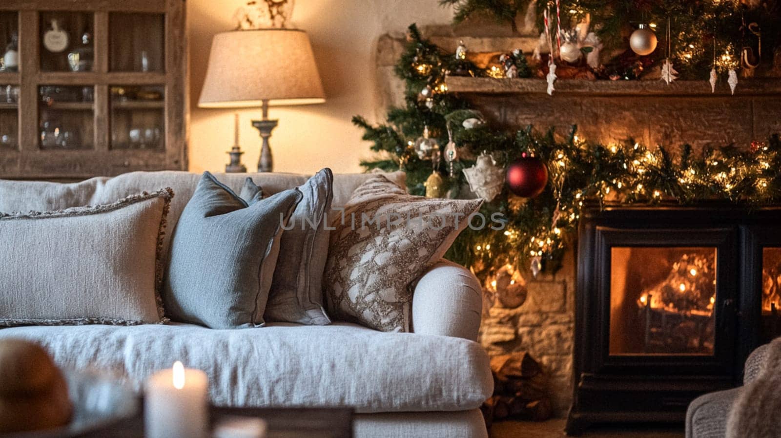 Christmas, holiday decor and country cottage style, cosy atmosphere, decorated Christmas tree in the English countryside house living room with fireplace, interior decoration idea