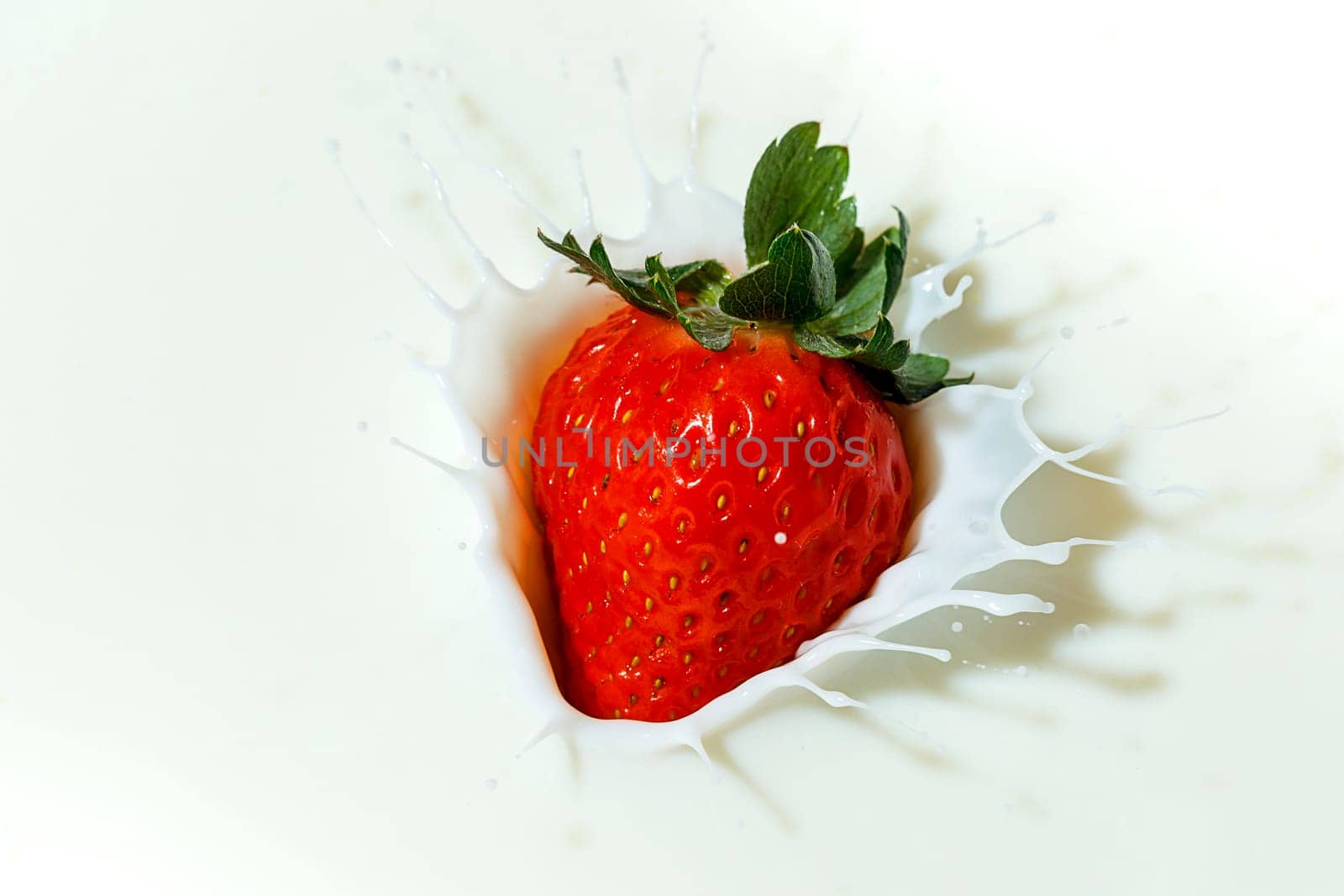 A ripe red strawberry is dropped into milk and makes a nice splash.