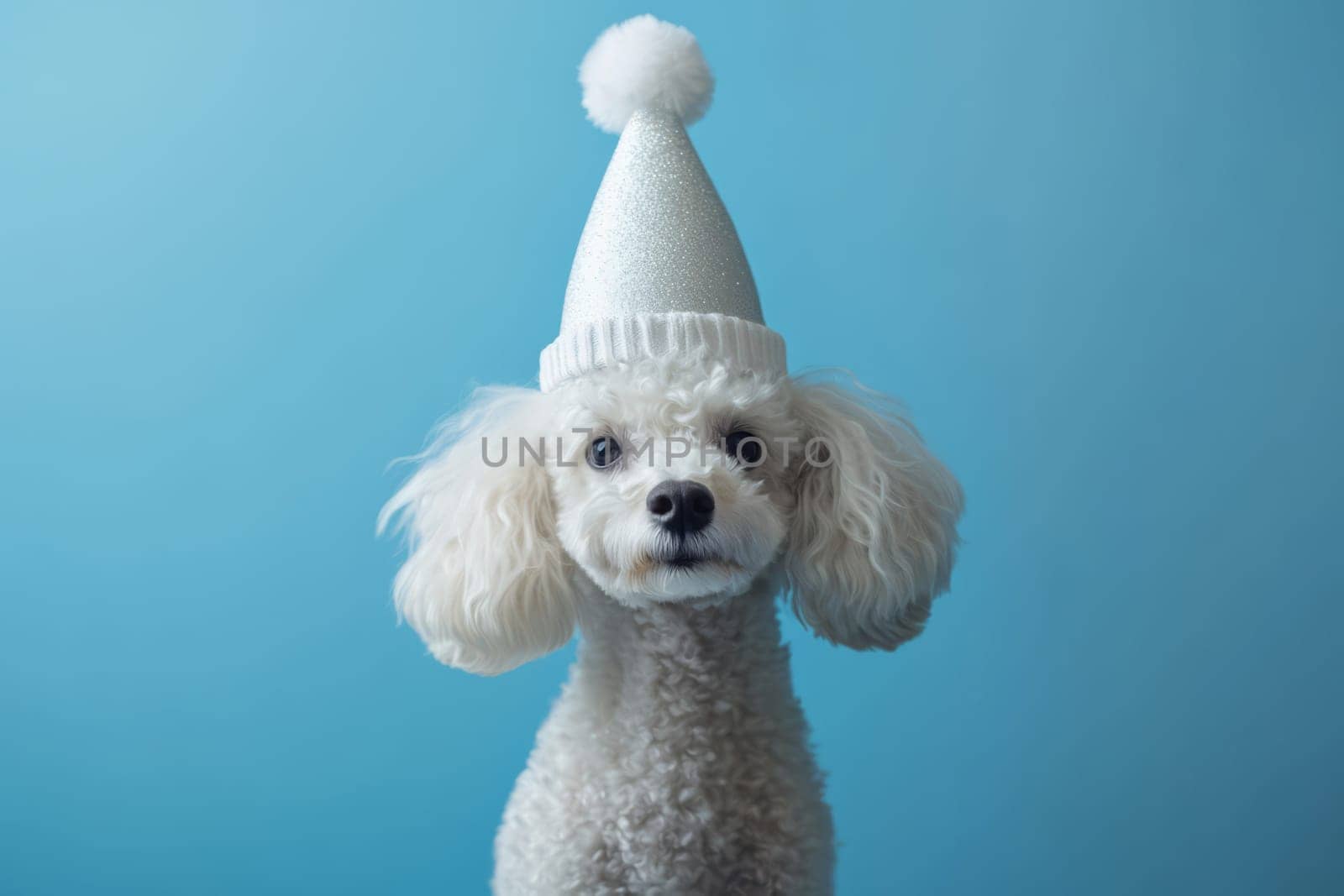 White poodle in a white cap on a blue background