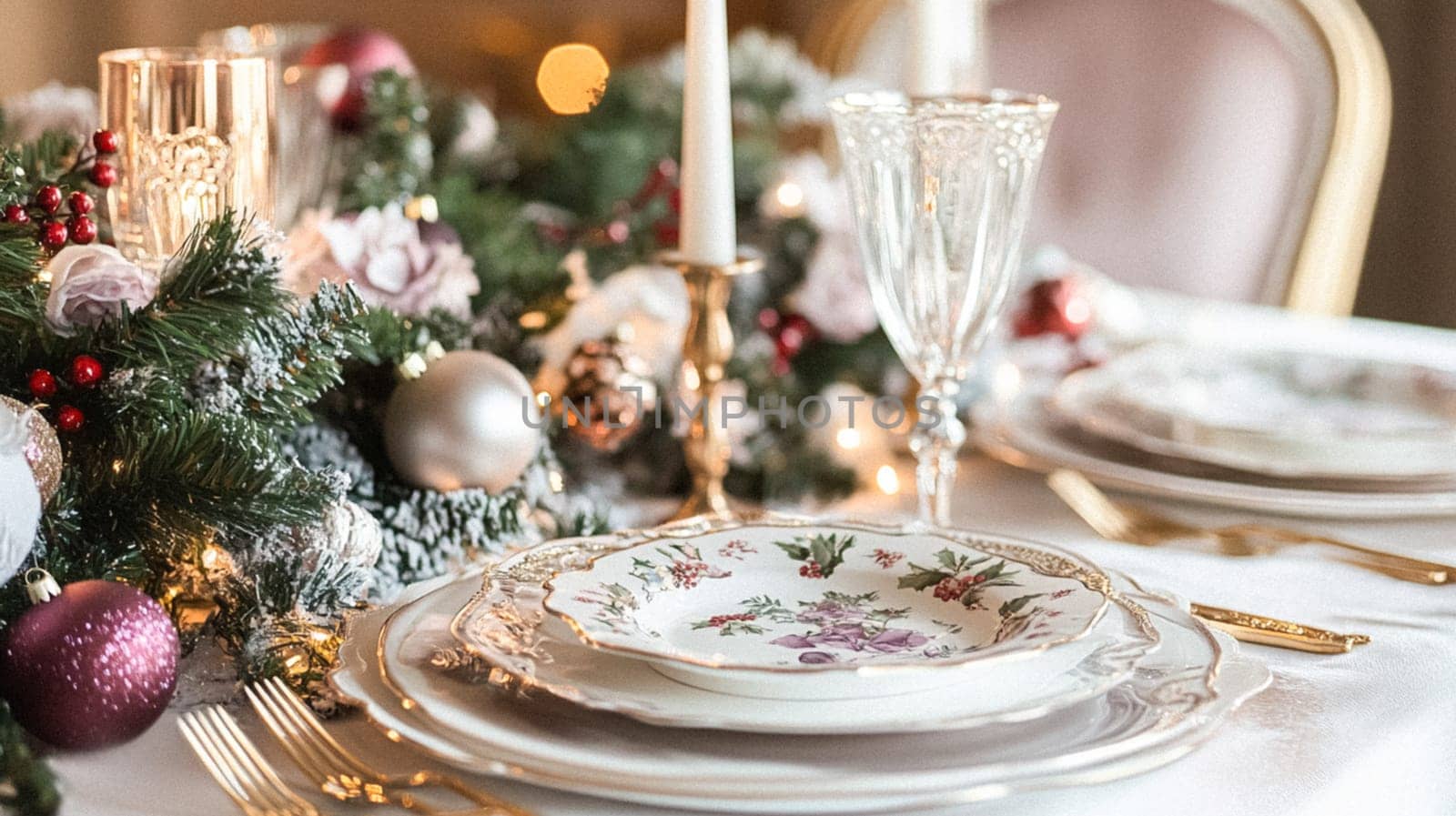 Christmas tablescape decoration, formal family dinner holiday celebration, luxury table setting decor, English country and home style idea