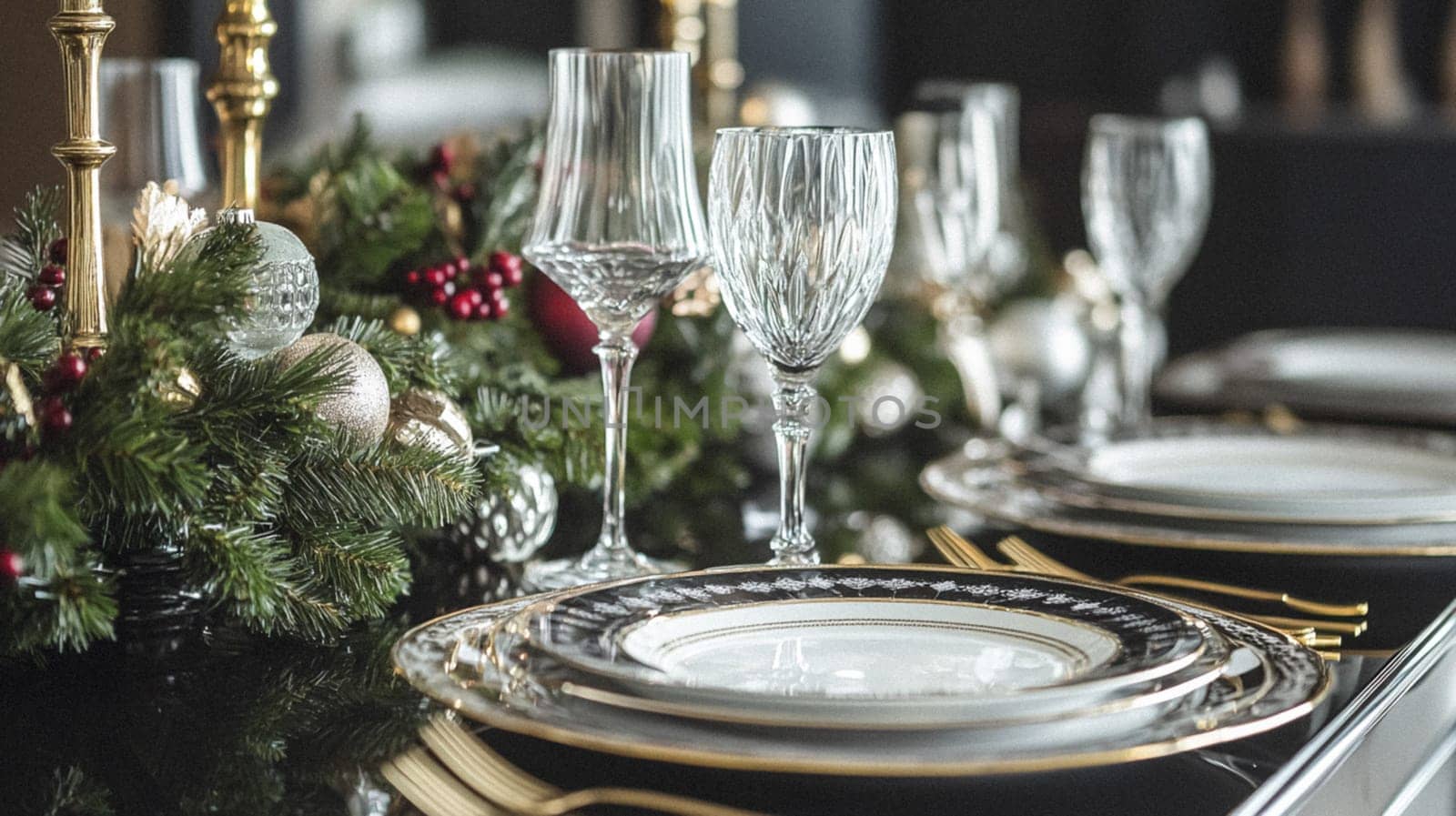Christmas tablescape decoration, formal family dinner holiday celebration, luxury table setting decor, English country and home style idea