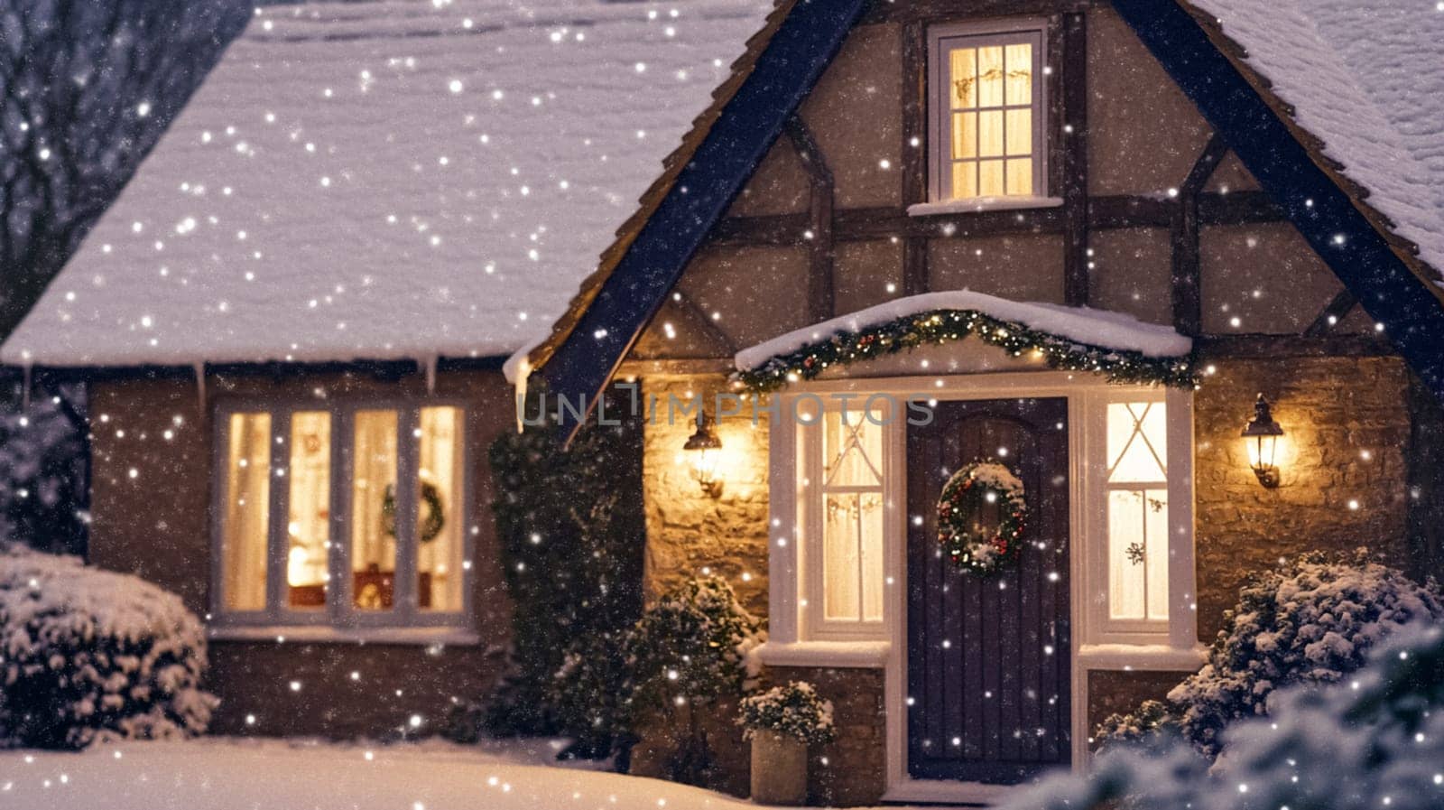 Christmas in the countryside, cottage decorated for holidays on a snowy winter evening with snow and holiday lights, English country styling inspiration