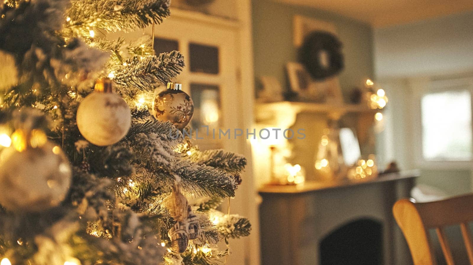 Christmas, holiday decor and country cottage style, cosy atmosphere, decorated Christmas tree in the English countryside house living room with fireplace, interior decoration idea