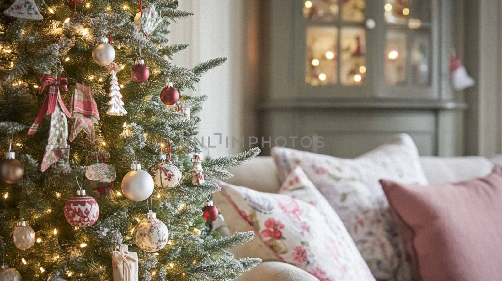 Christmas, holiday decor and country cottage style, cosy atmosphere, decorated Christmas tree in the English countryside house living room with fireplace, interior decoration idea