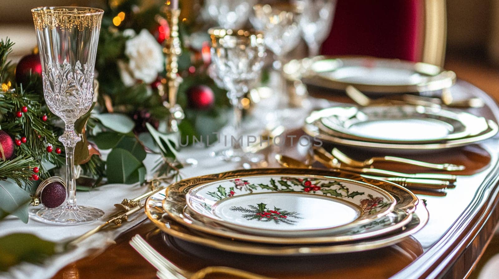 Christmas tablescape decoration, formal family dinner holiday celebration, luxury table setting decor, English country and home style idea