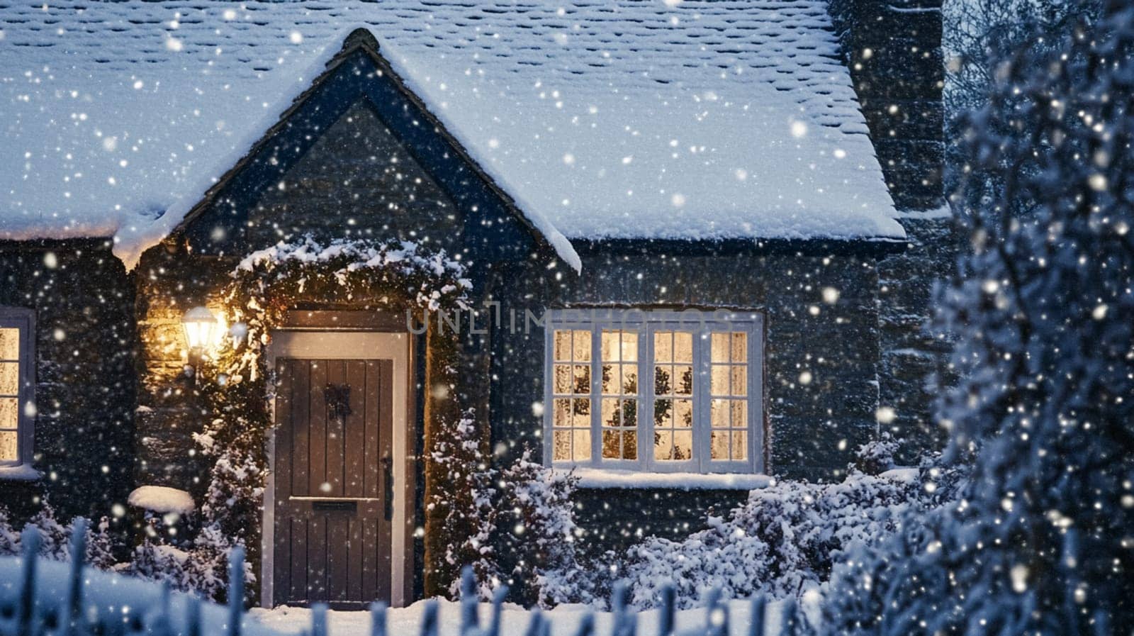 Christmas in the countryside, cottage decorated for holidays on a snowy winter evening with snow and holiday lights, English country styling inspiration