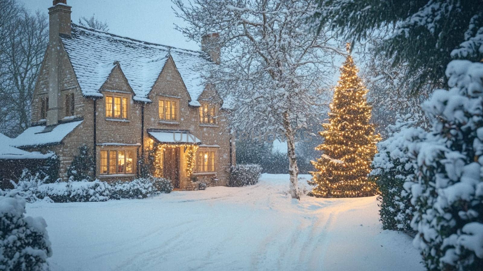 Christmas in the countryside, cottage decorated for holidays on a snowy winter evening with snow and holiday lights, English country styling inspiration
