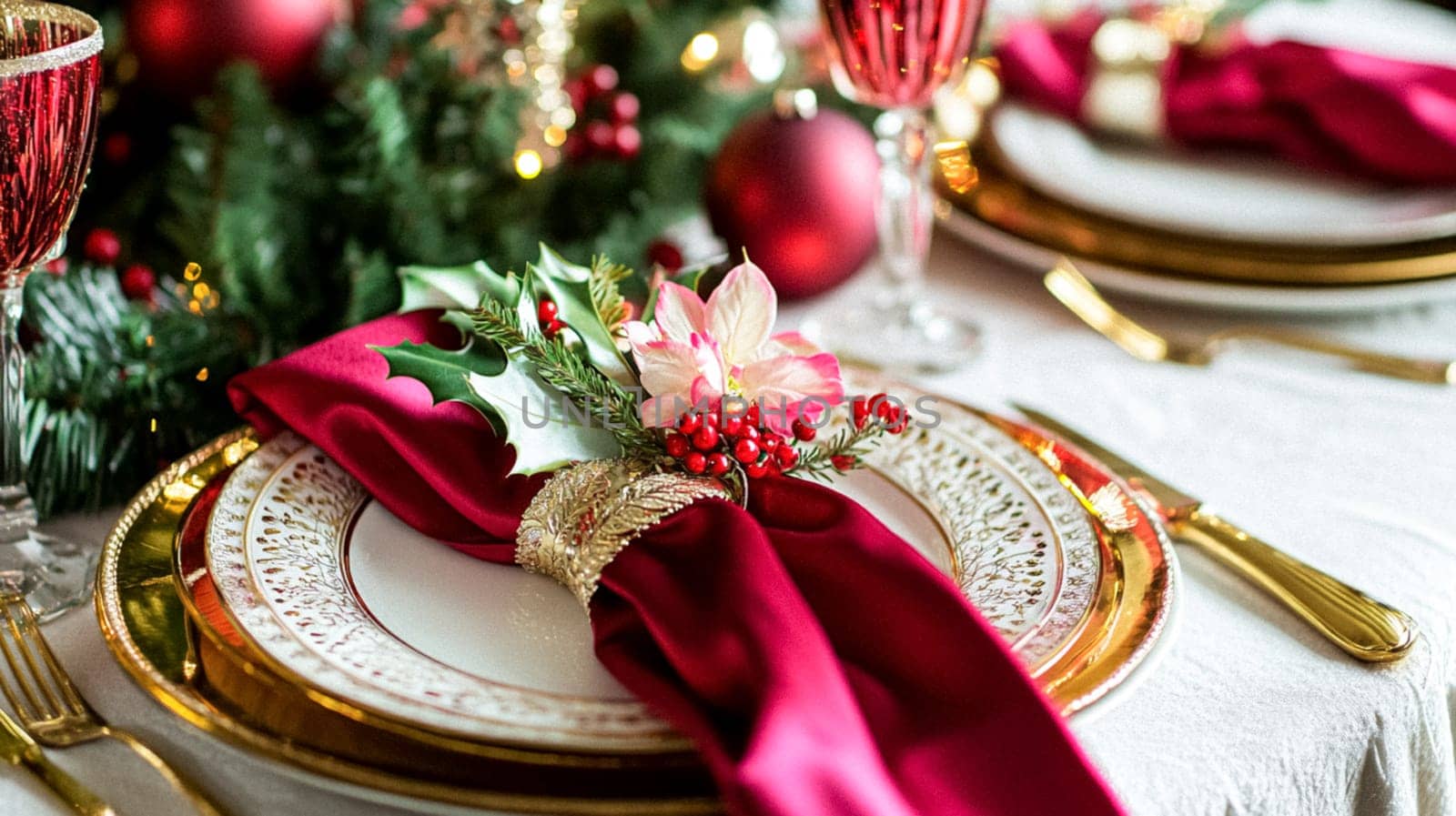 Christmas tablescape decoration, formal family dinner holiday celebration, luxury table setting decor, English country and home style idea