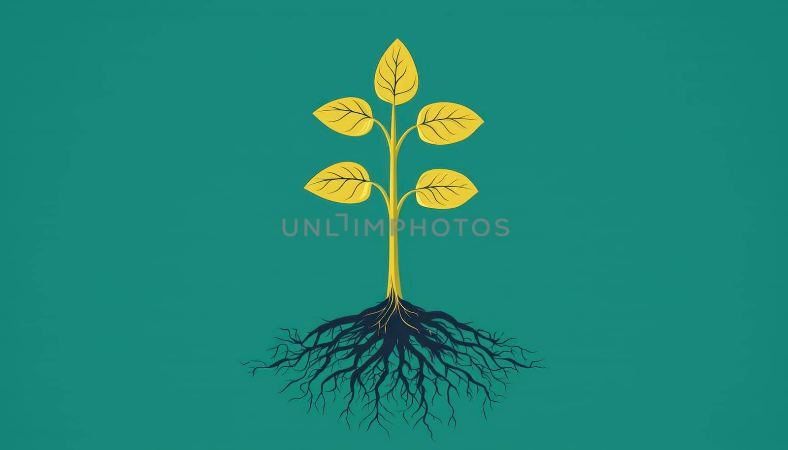 A stylized image of growing plant with vibrant yellow leaves and deep roots, symbolizing growth and vitality