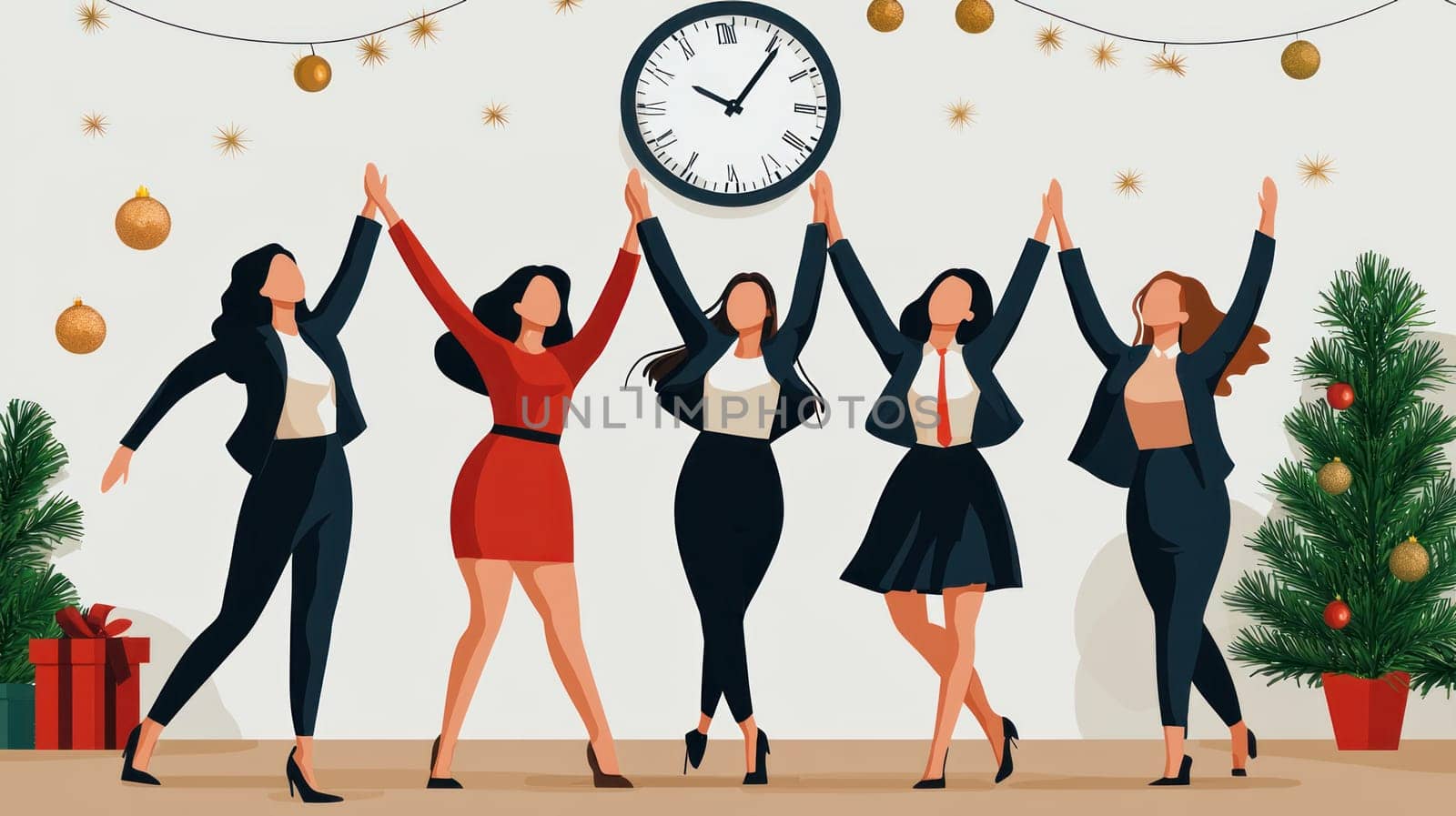 A Celebrating New Year success, five businesswomen joyfully raise their hands