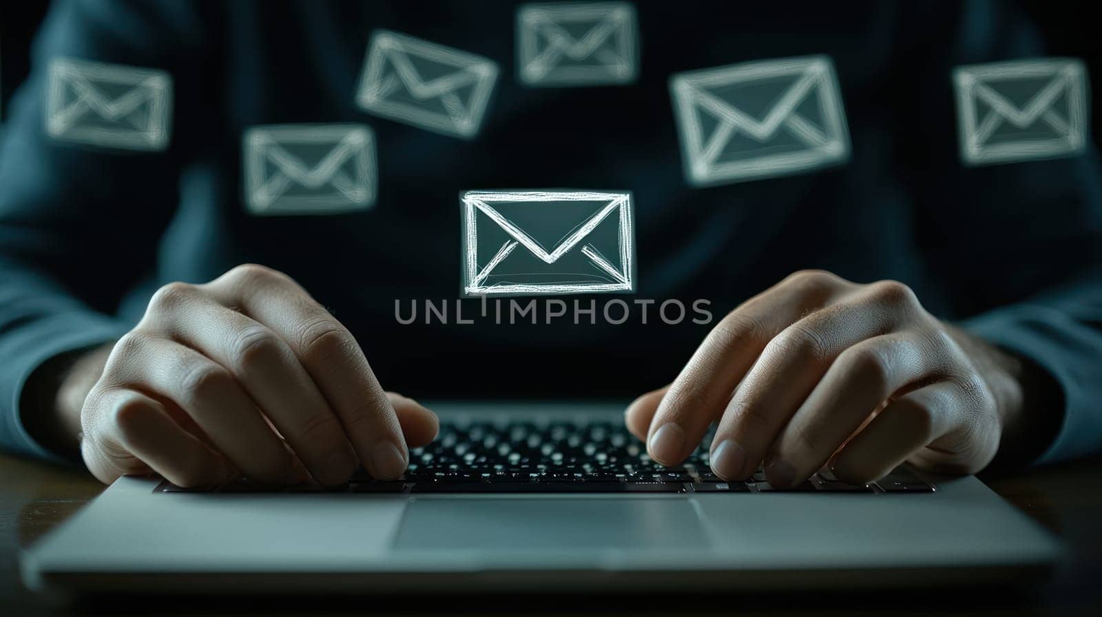 A Hands typing resignation email on laptop, surrounded by floating email icons, expressing moment of decision and change