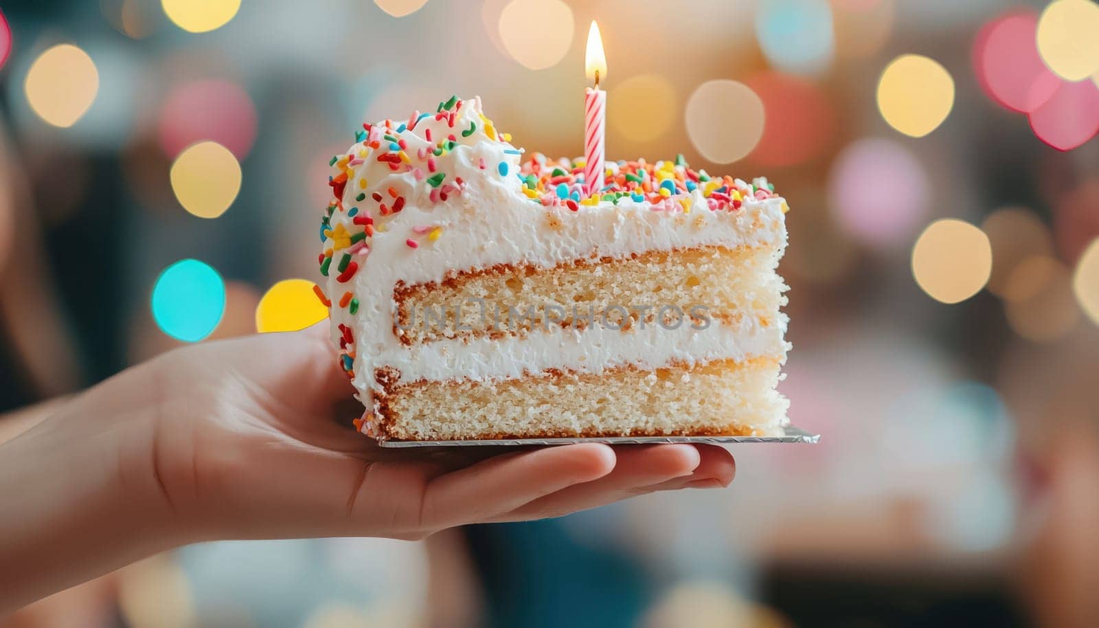 A hand holding slice of birthday cake with candle and colorful sprinkles, celebrating joyful occasion