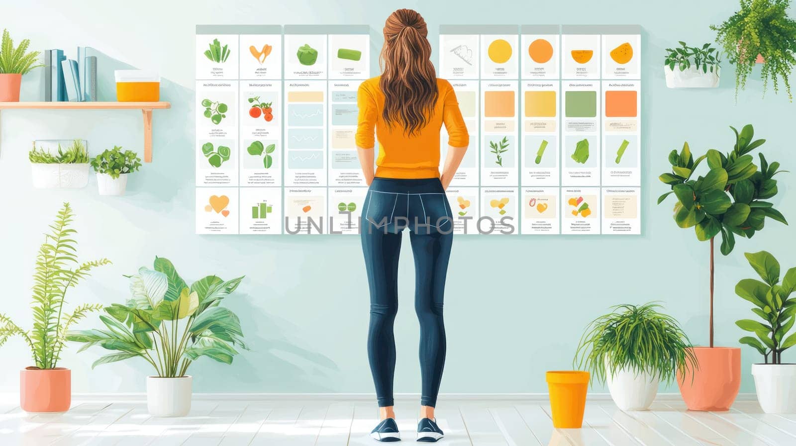 A woman examines colorful health infographic wall, surrounded by plants. vibrant display features various fruits and vegetables, promoting healthy