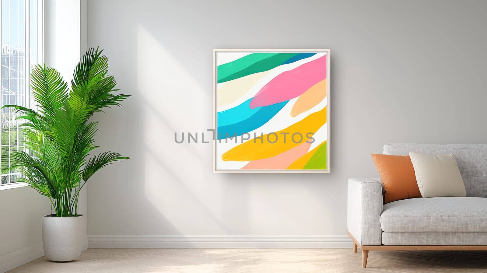 A Bright and colorful abstract art print displayed in modern living room. vibrant colors create cheerful atmosphere