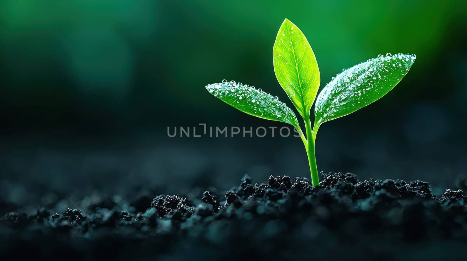 A vibrant green plant sprouting from dark soil, symbolizing new beginnings and growth. leaves are fresh with droplets of water, reflecting vitality