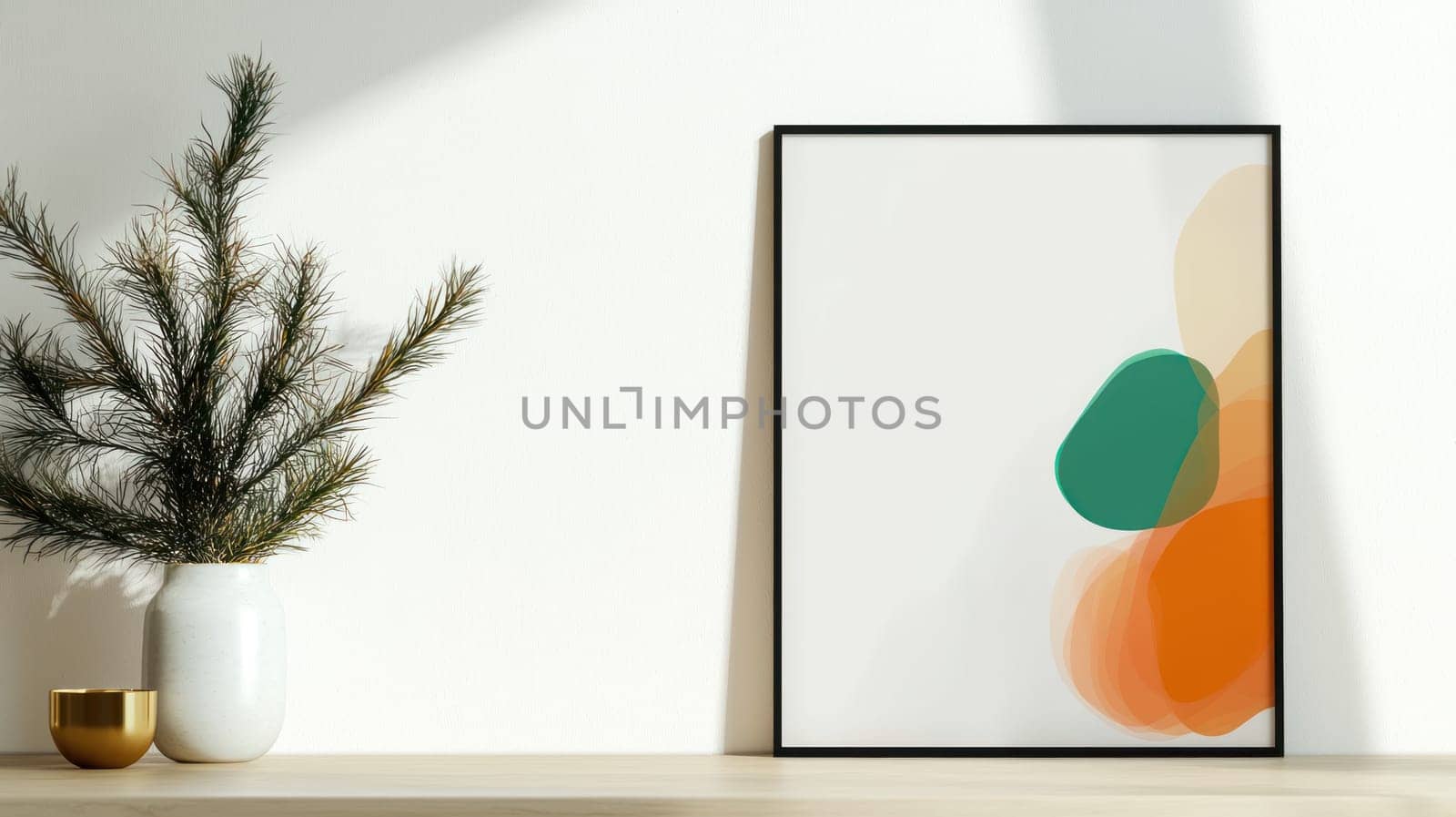 An Abstract art print displayed in modern interior with greenery