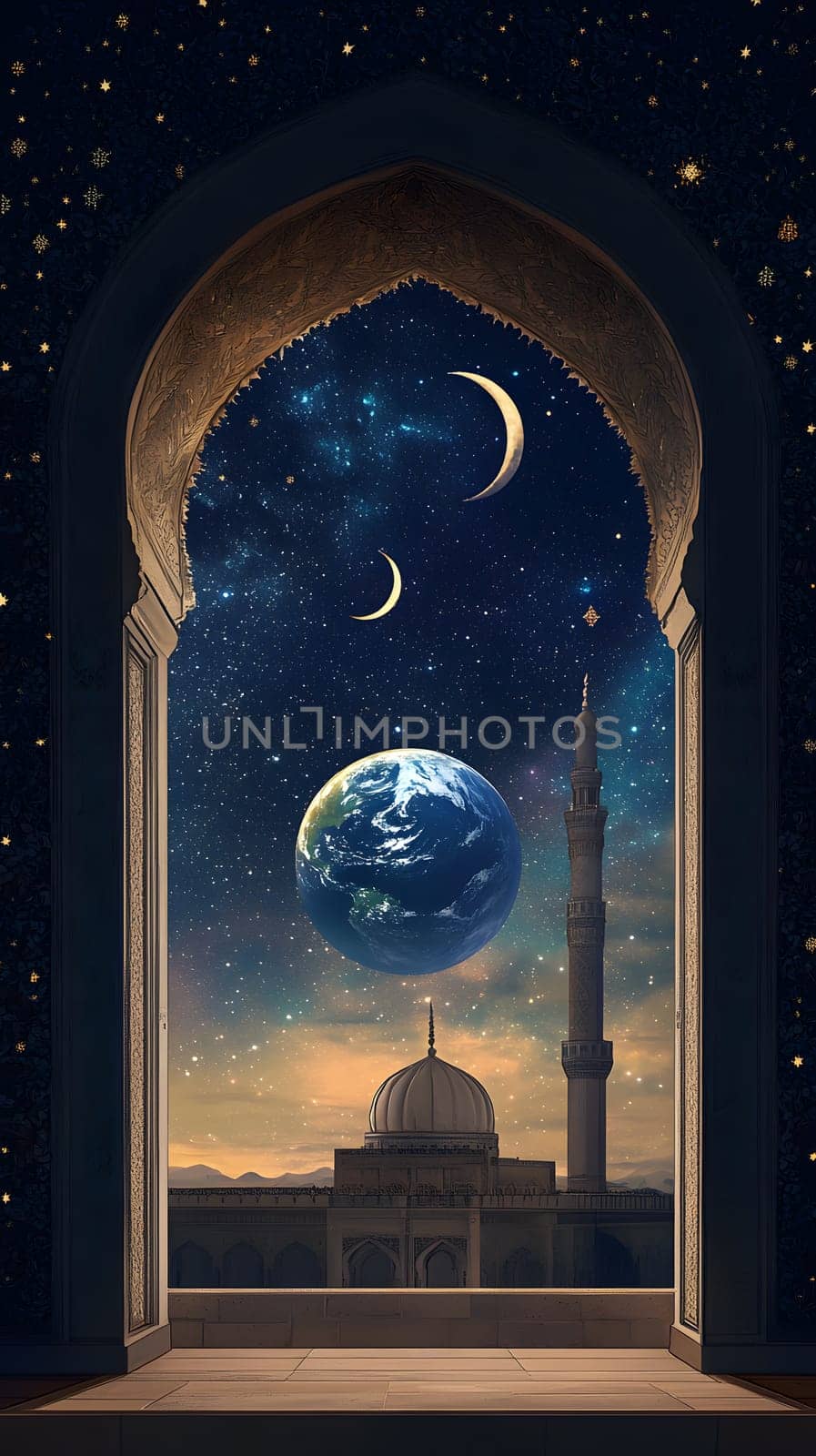 A cosmic view through an arch, featuring Earth and celestial elements.