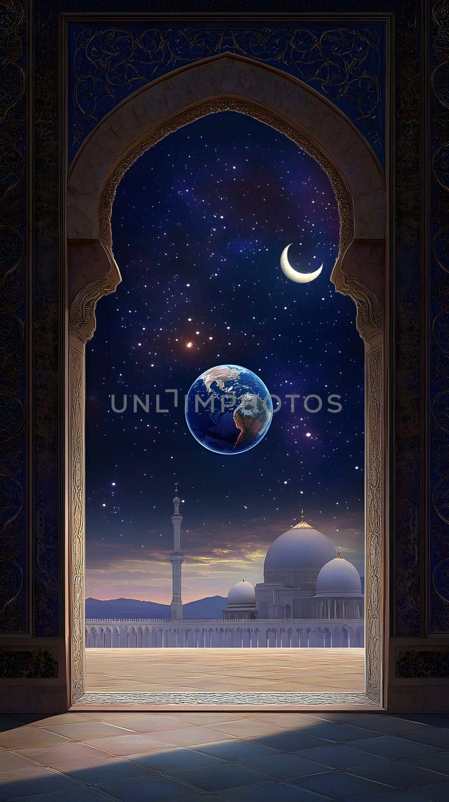 A celestial view from an ornate archway featuring Earth and a crescent moon.
