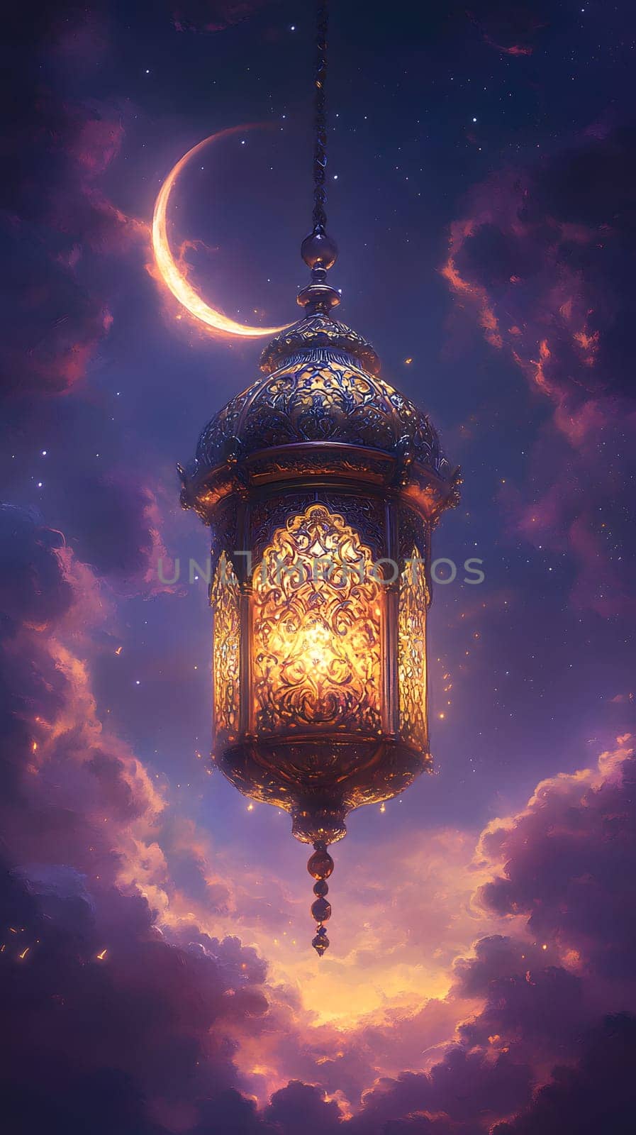 A decorative lantern glowing against a twilight sky with a crescent moon.