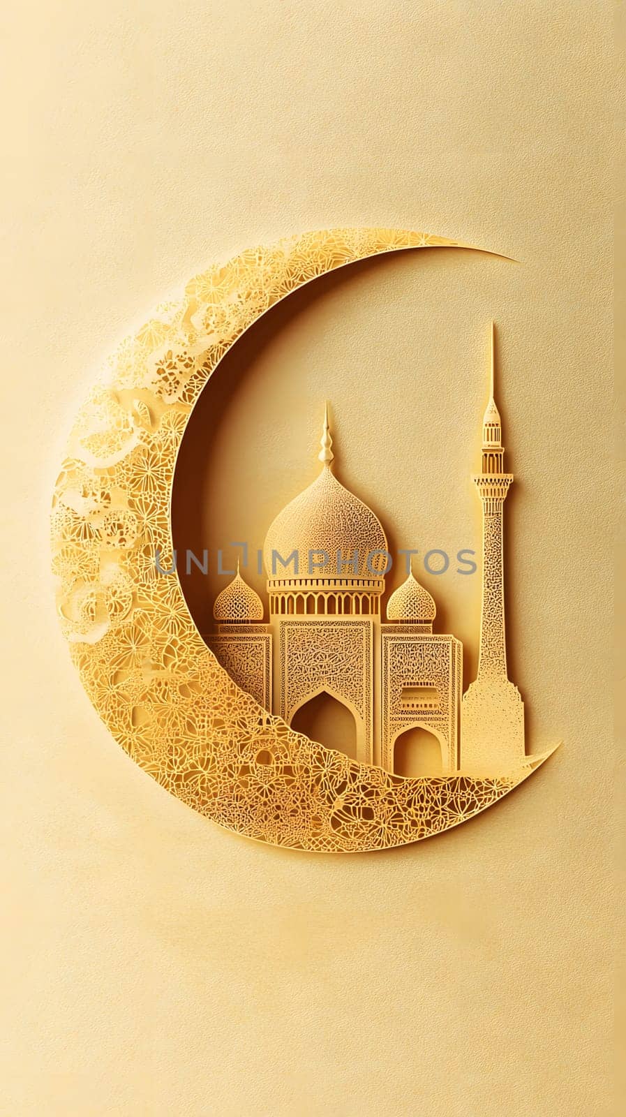 A crescent moon with an intricate design featuring a monument.