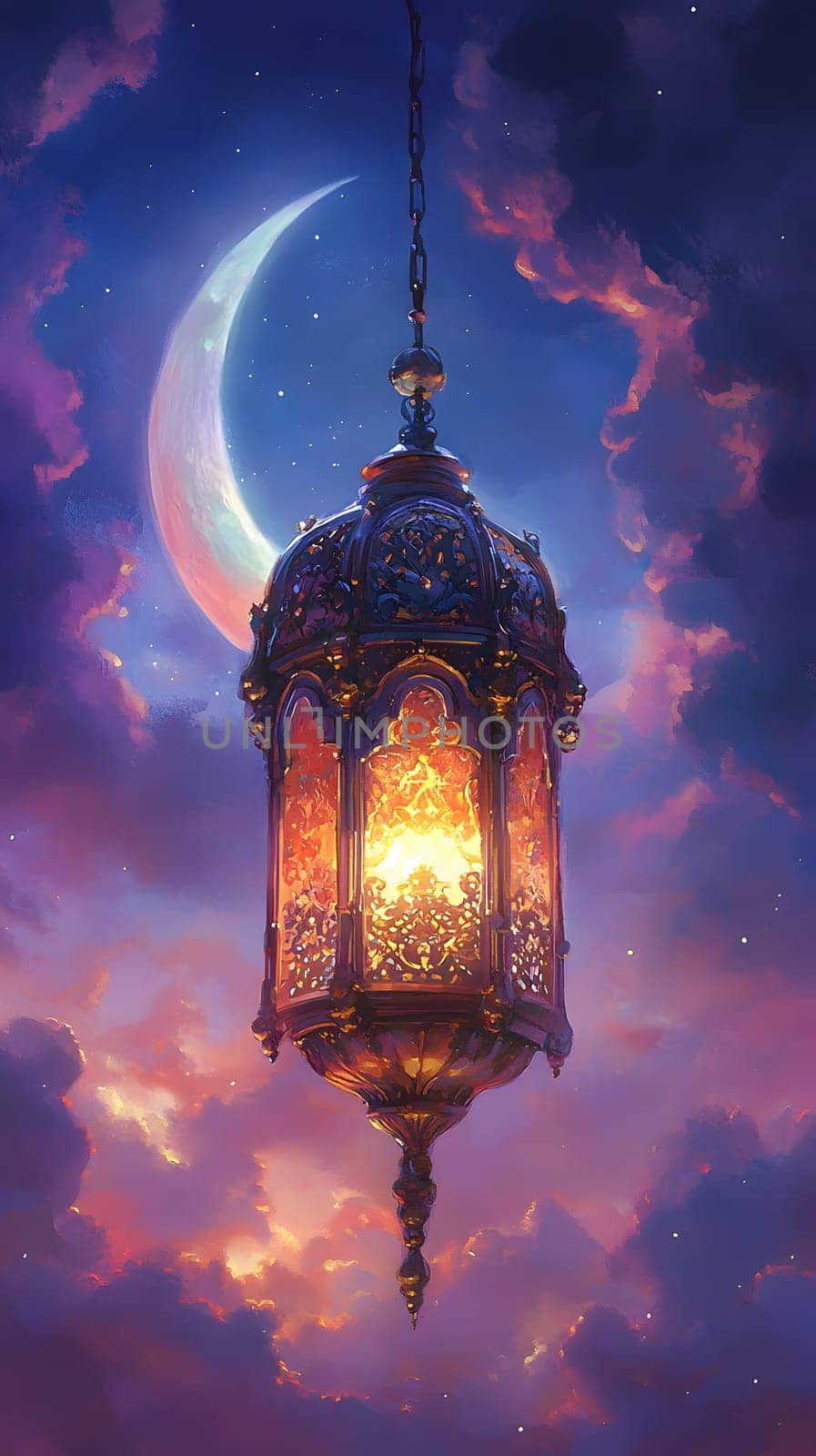 A decorative lantern glowing against a twilight sky with a crescent moon.