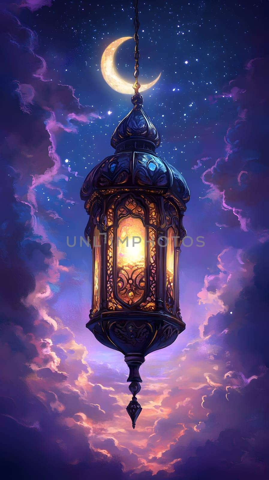 A decorative lantern illuminated against a starry night sky.