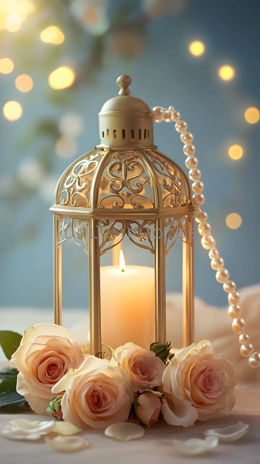 A decorative lantern with a candle and roses, creating a romantic ambiance.