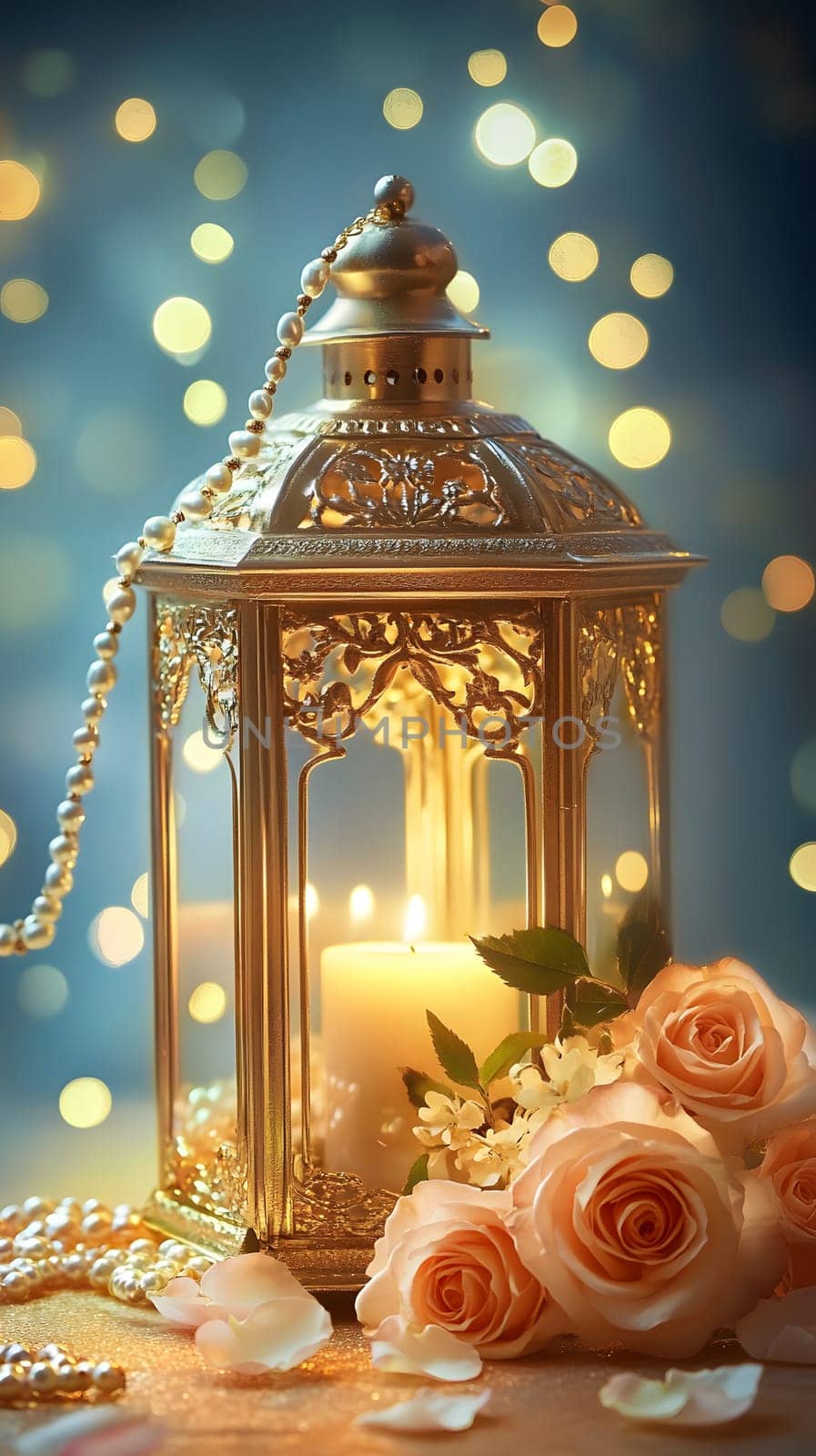 A decorative lantern with a candle and roses, creating a warm ambiance.