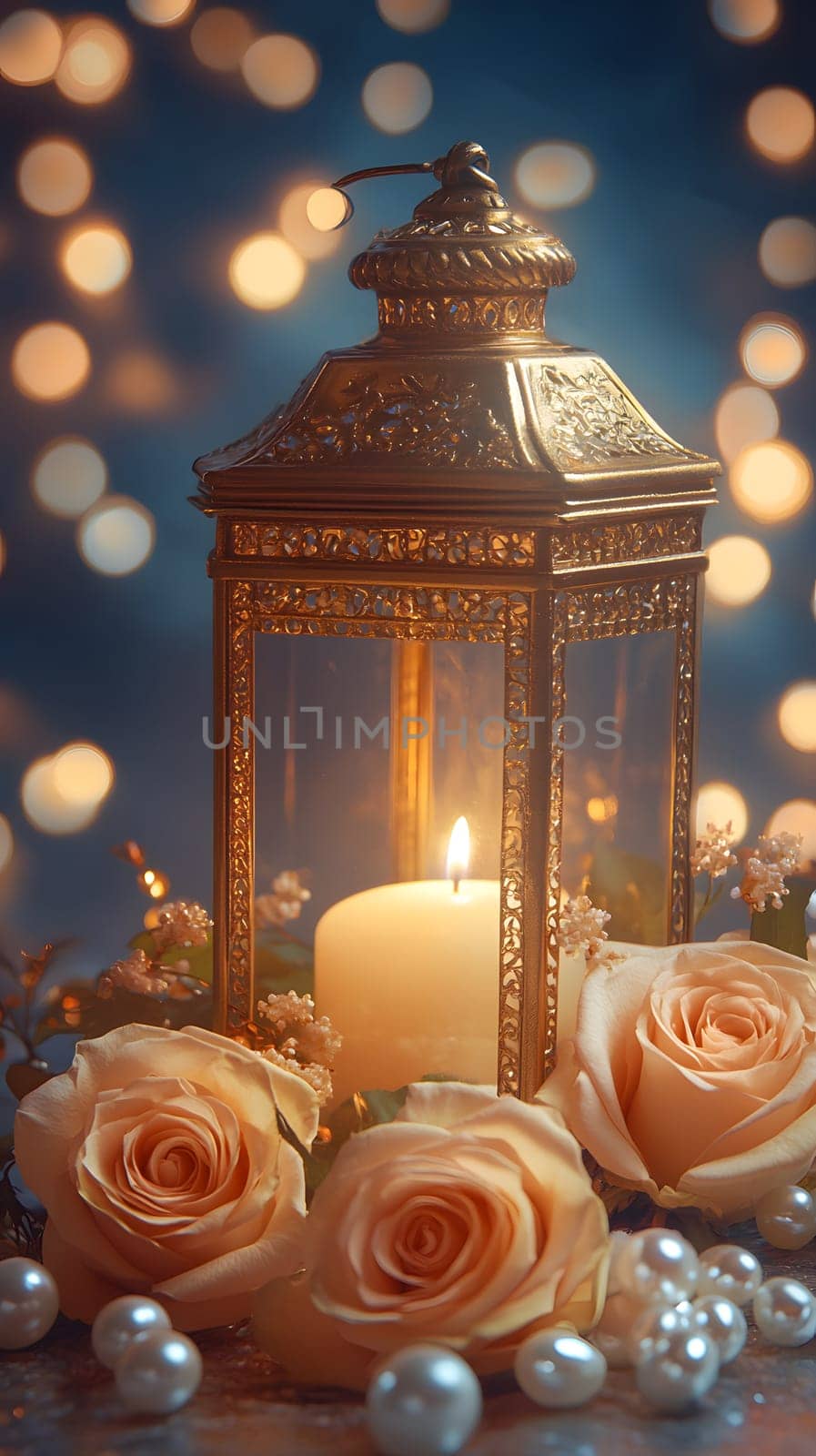 A decorative lantern with a candle surrounded by roses and pearls.