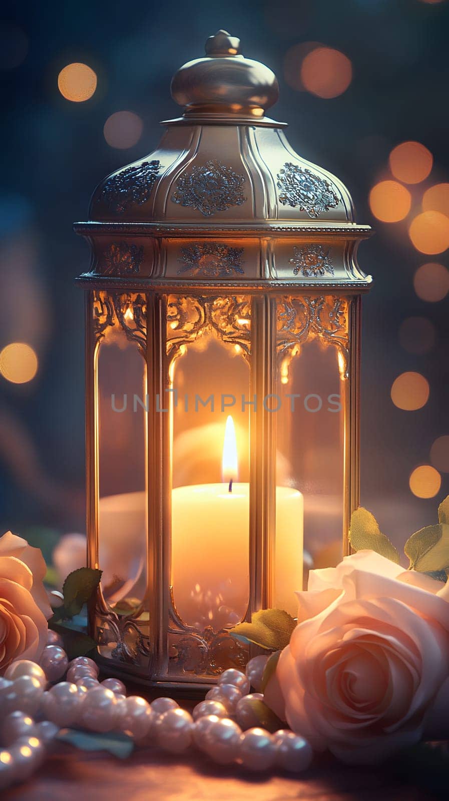 A decorative lantern with a candle, surrounded by roses and pearls.