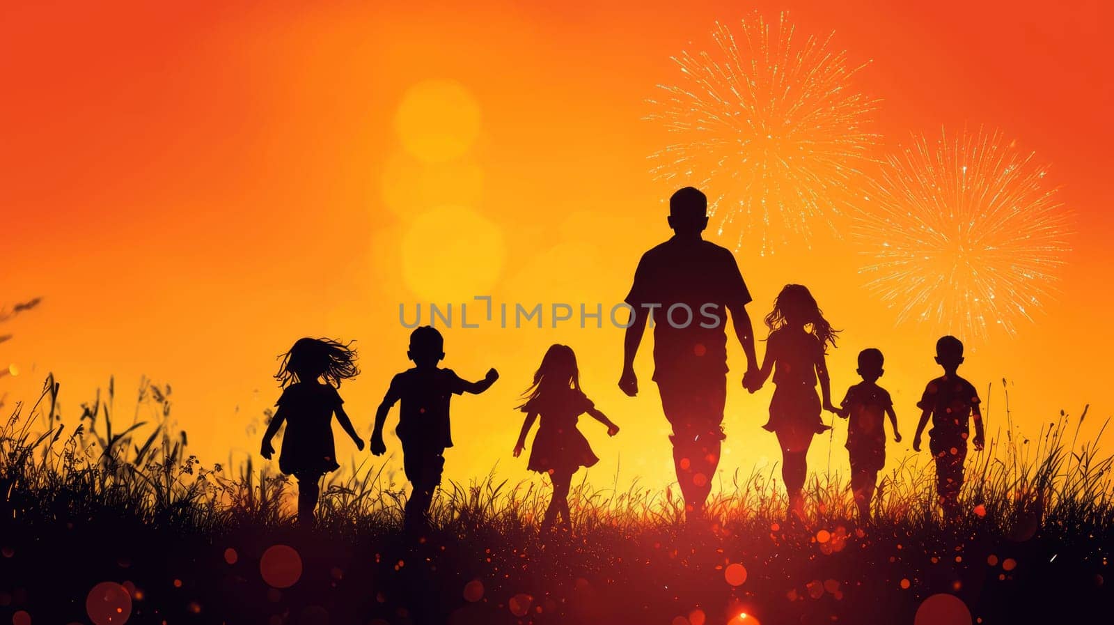 A Silhouette of people celebrating with fireworks against vibrant sunset, evoking joy and togetherness