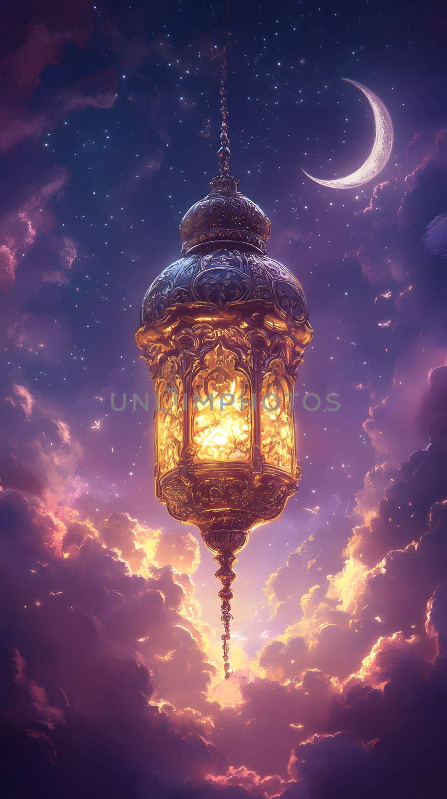 A glowing lantern hangs in a mystical night sky with clouds and moon.