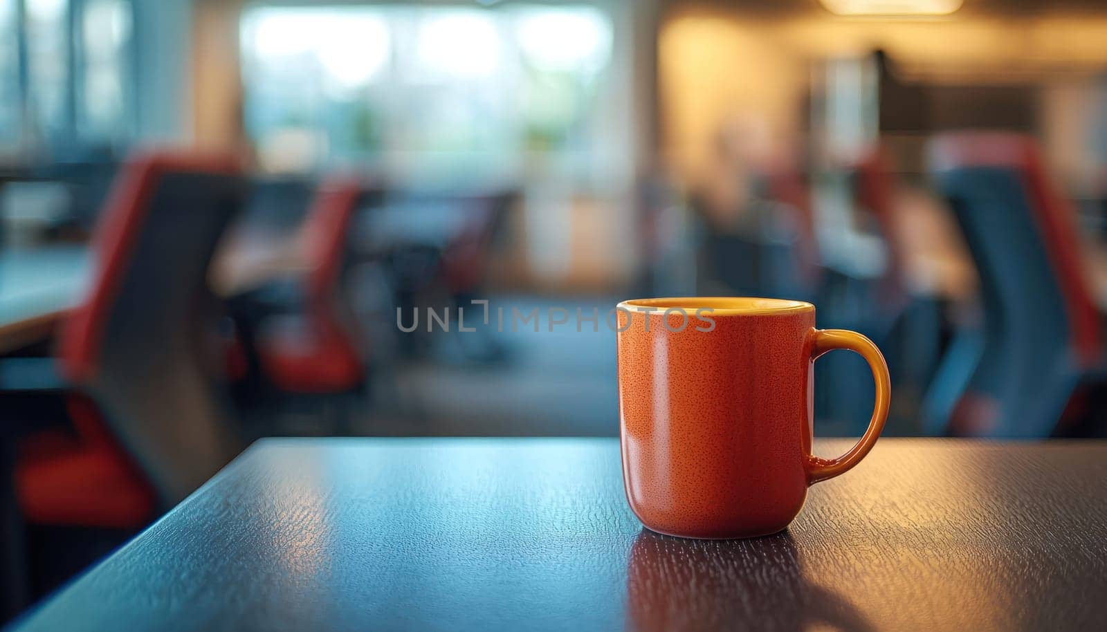 A solitary orange coffee cup sits on table in empty office cubicle, evoking sense of calm and solitude