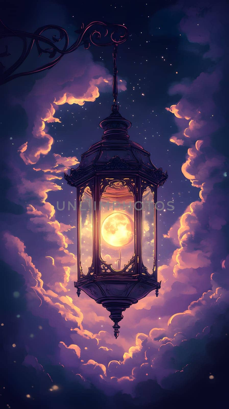 A lantern illuminating a moonlit sky surrounded by clouds.