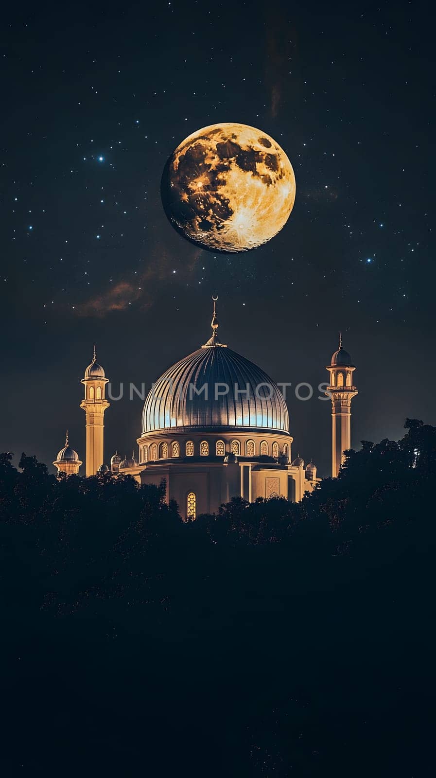 A majestic mosque illuminated under a full moon and starry sky.