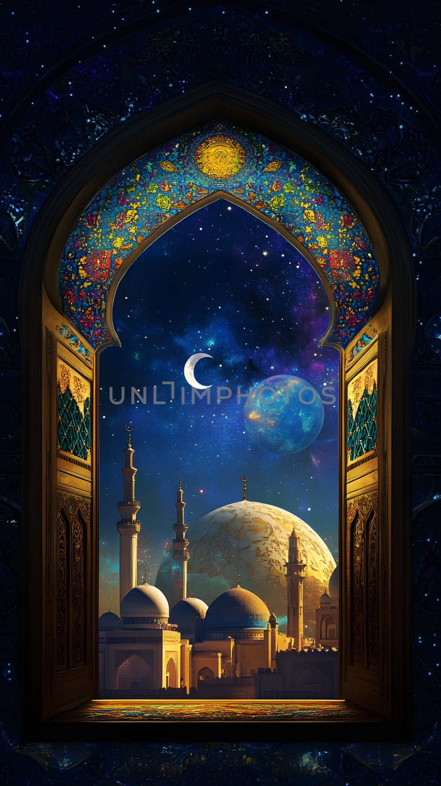 A mystical archway reveals a cosmic landscape with domed buildings.